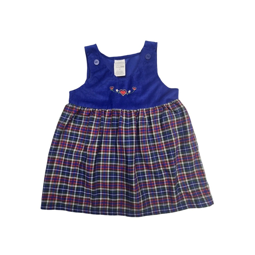 Vintage Toddler Girls Blue Velvet Plaid Heart Jumper Dress Size 3T Embrodiery